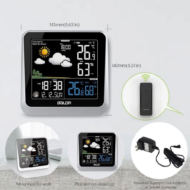 thumbnail image 2 of Baldr B0359WST4H4PR Color Weather Station – Indoor/Outdoor Temp & Humidity With 3 Sensors, Touch Screen 2 of 6
