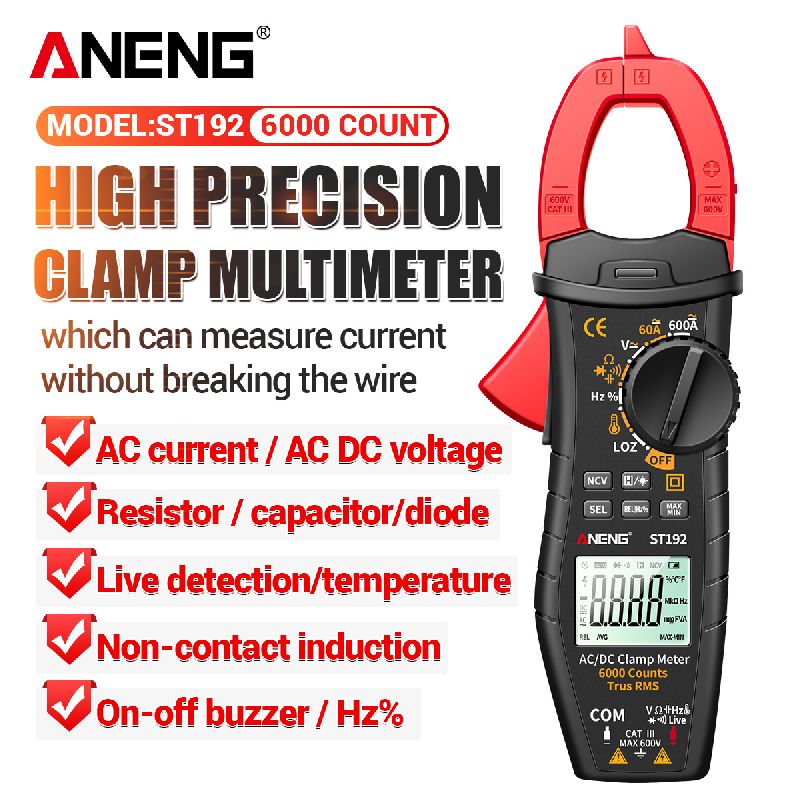 ANENG ST192 Clamp Meter / LCD Display / 600A / 600V / 60MΩ / 60mF / 10MHz / -200~1300℃ / NCV / 6000 Display Options