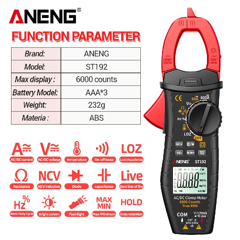 ANENG ST192 Clamp Meter / LCD Display / 600A / 600V / 60MΩ / 60mF / 10MHz / -200~1300℃ / NCV / 6000 Display Options