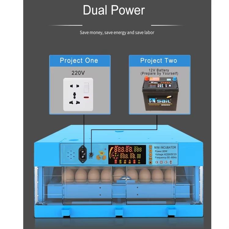 Automatic Incubator (12V/220V) / JF-64 / Capacity 64 Eggs / Heater 80W / Power 4W / Built-in Ovoscope / Automatic Egg Rotation /With Temperature and Humidity Control