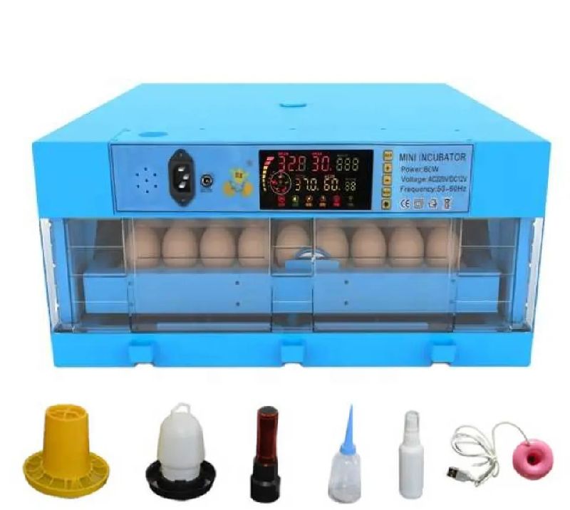 Automatic Incubator (12V/220V) / JF-64 / Capacity 64 Eggs / Heater 80W / Power 4W / Built-in Ovoscope / Automatic Egg Rotation /With Temperature and Humidity Control