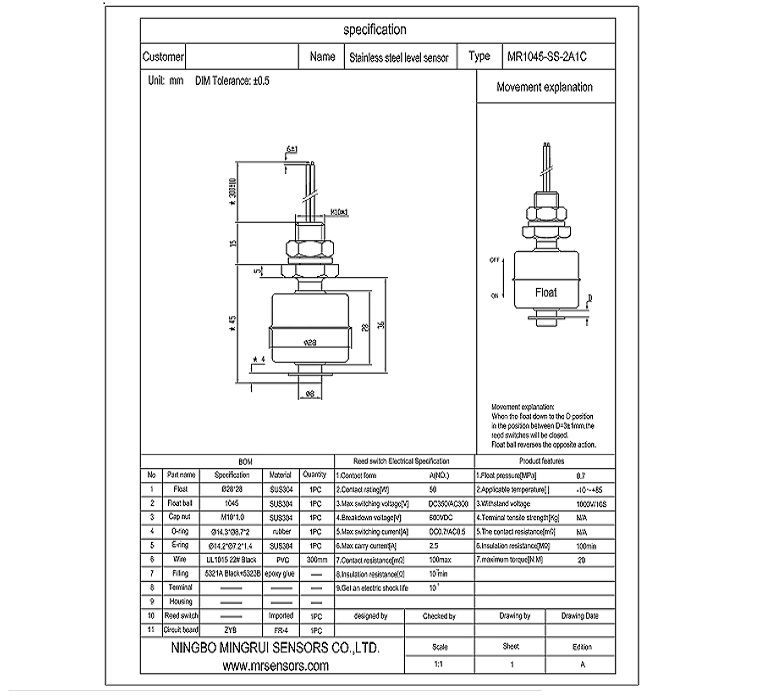 Electric Tank Float / Normally Closed Contact / Top Grip / Stainless Steel / With Clamping Nut / MR1045
