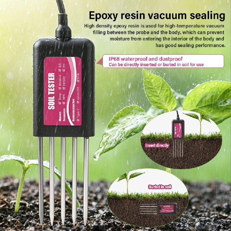8 in 1 Soil Detector / USB /Bluetooth App / IP68 Waterproof For Temperature / Moisture / pH / NPK / EC Tester