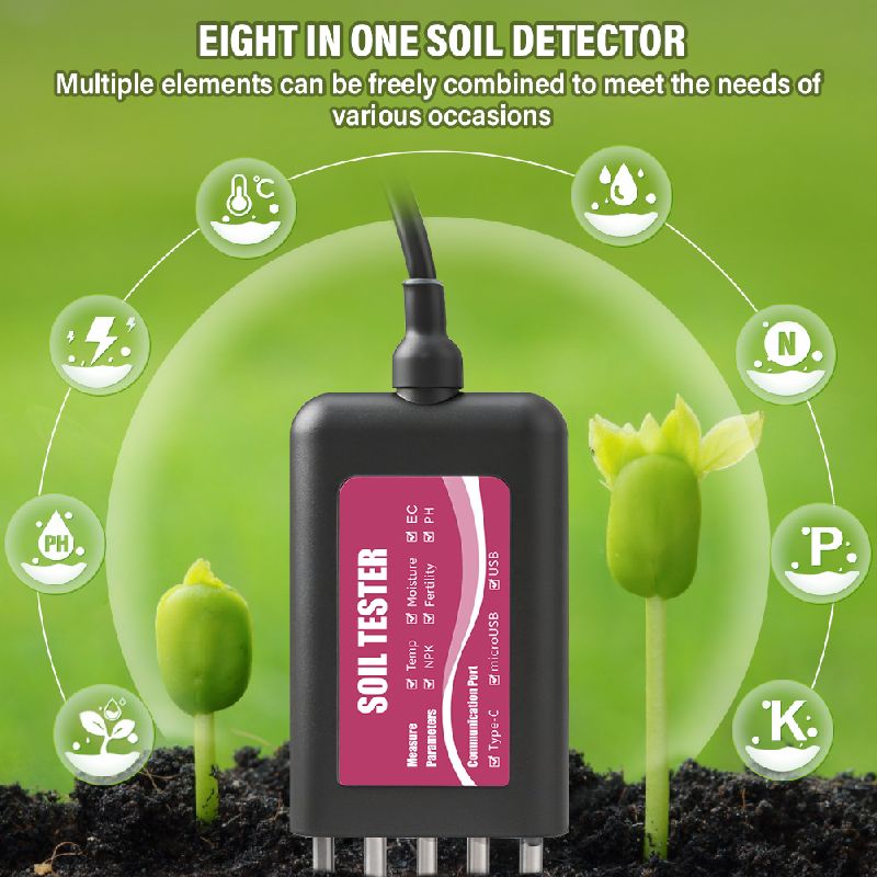 8 in 1 Soil Detector / USB /Bluetooth App / IP68 Waterproof For Temperature / Moisture / pH / NPK / EC Tester