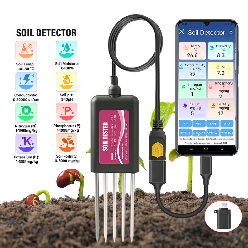 8 in 1 Soil Detector / USB /Bluetooth App / IP68 Waterproof For Temperature / Moisture / pH / NPK / EC Tester