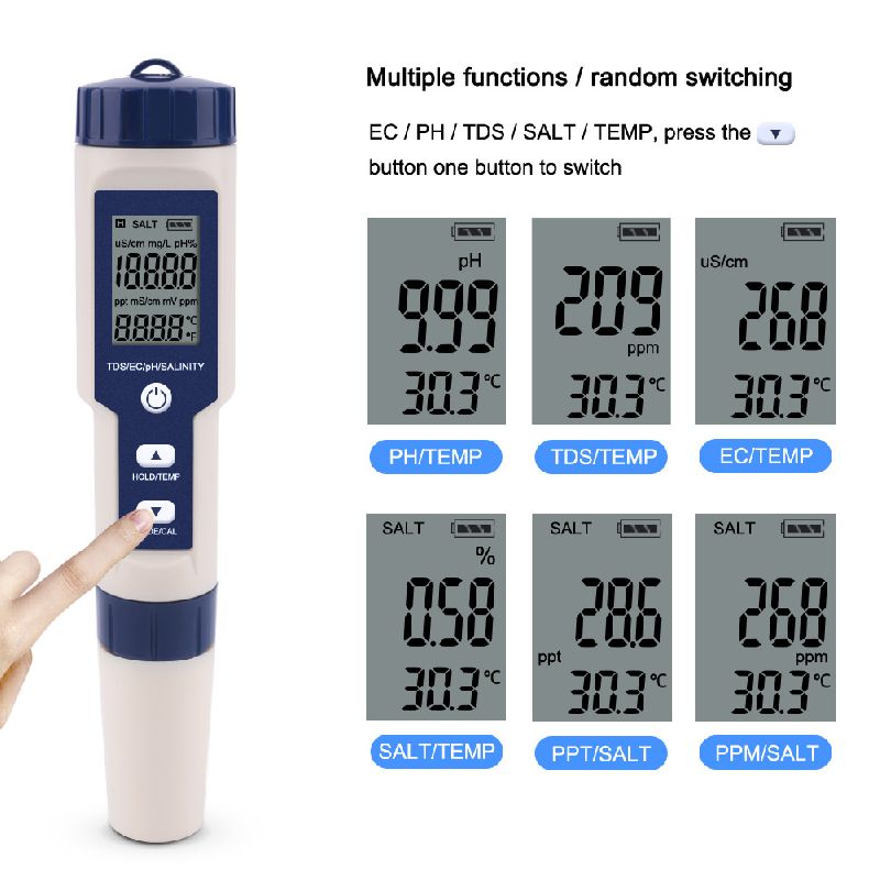 5 in 1 Digital Water Meter / TDS / EC / pH / Salinity / Temperature Water Tester