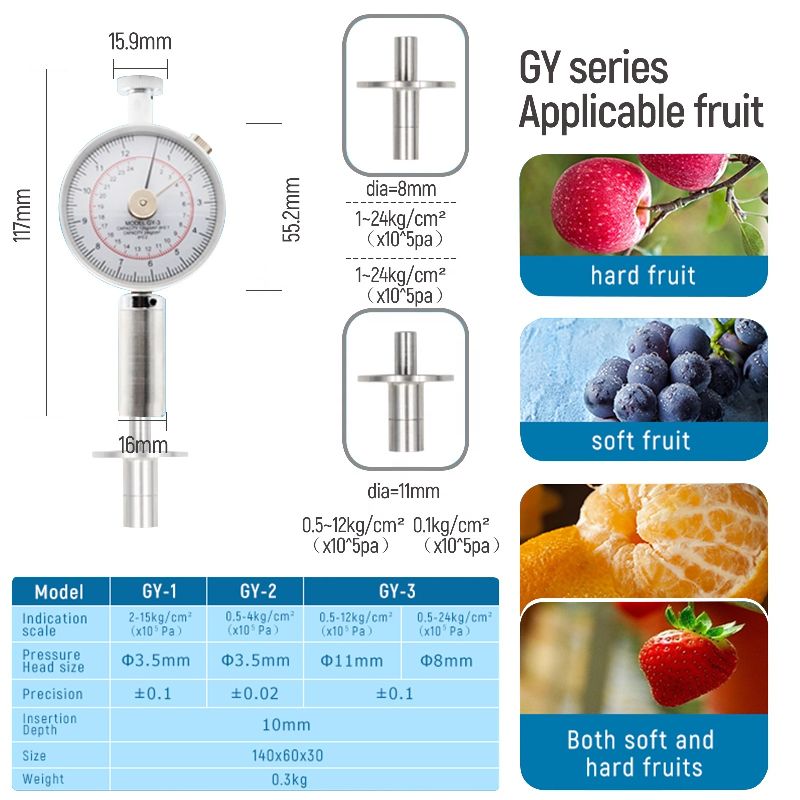 Portable Fruit Hardness Tester / Fruit Penetrometer With Interchangeable Probes/ Analogue Dial /Suitable for Apples, Pears, Grapes, Oranges